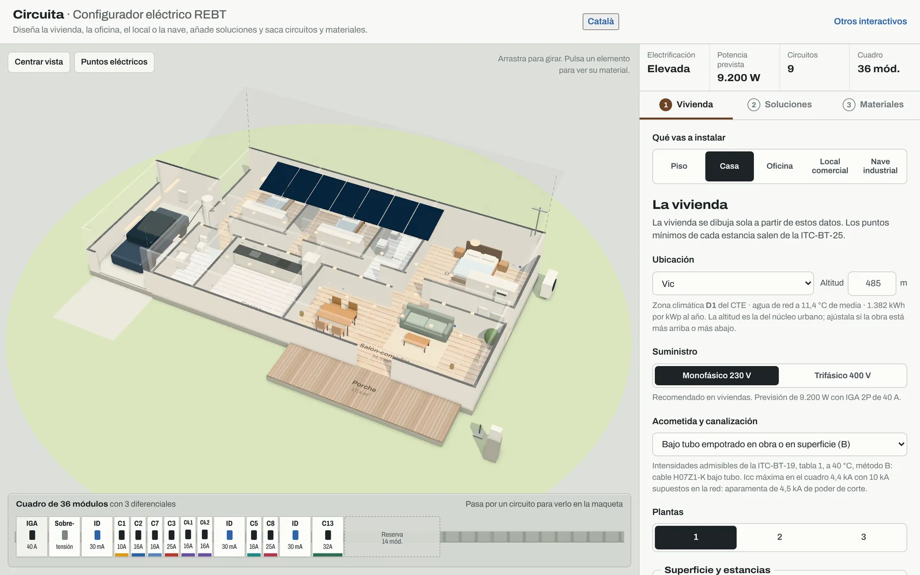 Circuita: maqueta 3D de una casa con el cuadro general y el panel de configuración